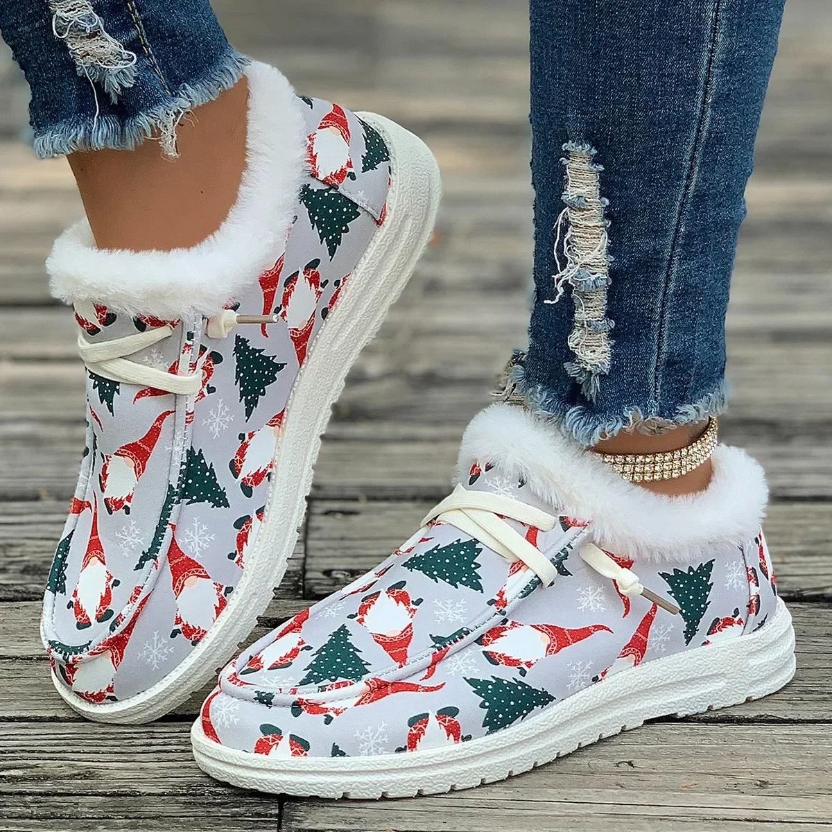 Ladies Flat Casual Shoes Women New Winter Ankle Snow Boots Woman Christmas Print Cotton Shoes Short Plush Booties Warm Gift