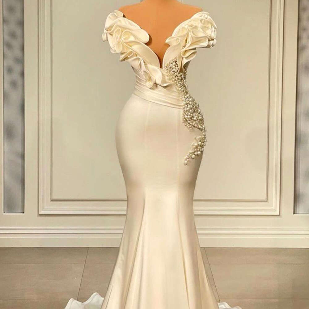 Long Mermaid Evening Dresses 2024 Off Shoulder Pearls Pleated Dubai Women Ruffles Formal Ocn Party Prom Gown Vestido