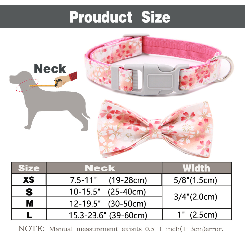 Pet Collar Adjustable Dog Collar Floral Pattern with Bow Decoration D Ring Can Hang Small Items for Small, Medium and Large Dogs
