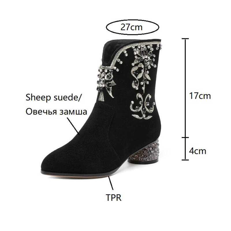 Autumn NEW Round Toe High Heels Sheep Suede Leather Shoes for Women Ethnic Style Embroidered Chunky Heel Boots 8b37