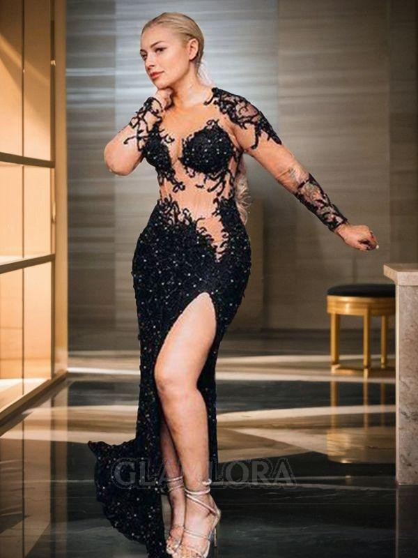 Classic Black Long Sleeves Mermaid Prom Dresses 2024 Illusion Scoop Neck Beading Pleats Appliques Evening Gowns Slit Saudi Arabia Party Dress Plus Siz