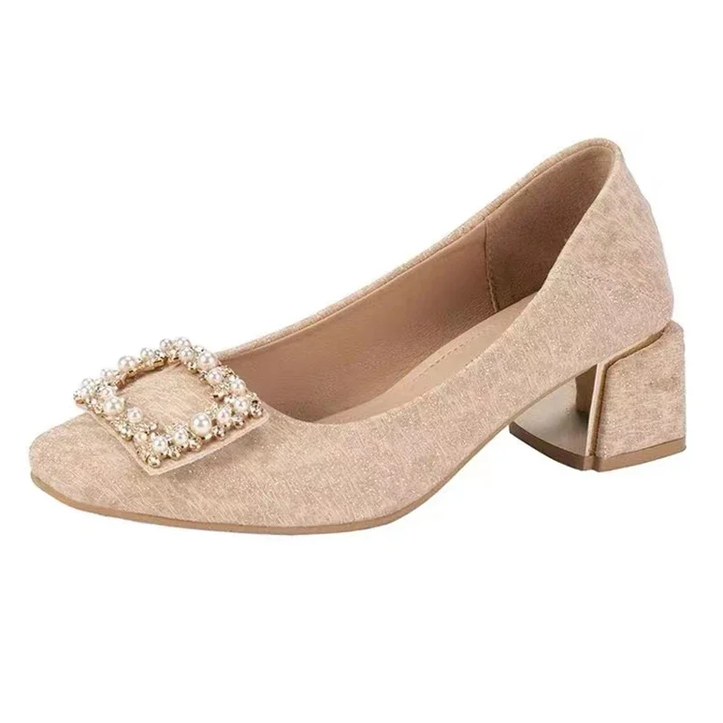 Summer Women Crystal Beaded High Heels Chunky Fashion Dress Shoes Elegant Shallow Femme Pumps ec72