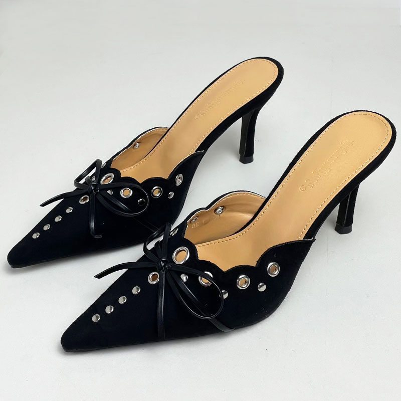 Fashion Butterfly-Knot Pumps Slides New Footwear In Heels Women Mules Female Pointed Toe Rivet Ladies High Heels Shoes Slippers