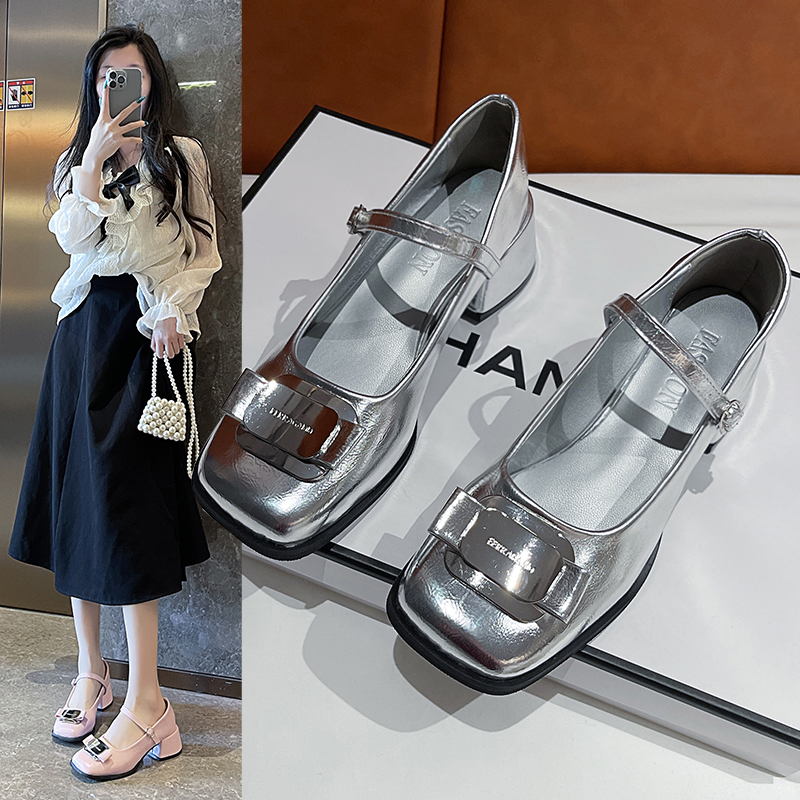 Square Head Single Shoes Women 2024 Spring New Korean Retro Everything Thick Heel Soft Soft Surface Mary Jane Shoes Bean Shoes