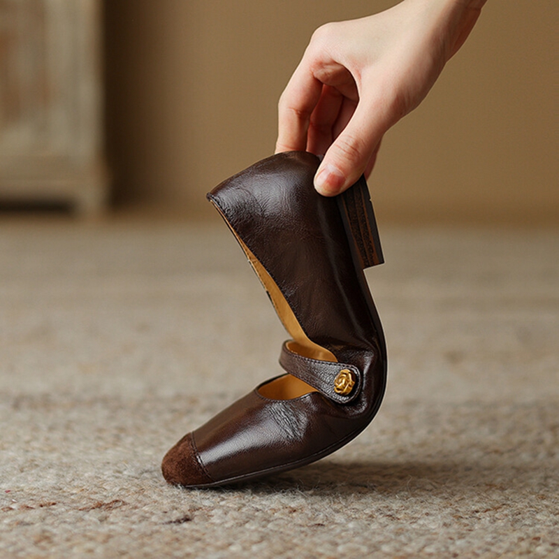 NEW Spring/Autumn Women Pumps Genuine Leather Shoes for Women Square Toe Chunky Heel Shoes Low Heel Shallow Mary Janes Shoes