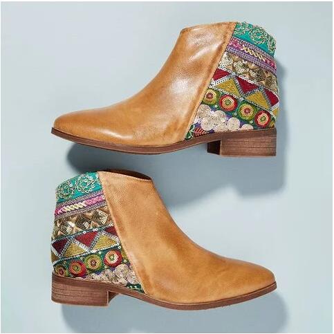 Lanjia- 2019 New Women Embroider High Ankle Boots Wine Red Flock Leather Plus Size Zipper Rivet Flower Shoes 41741