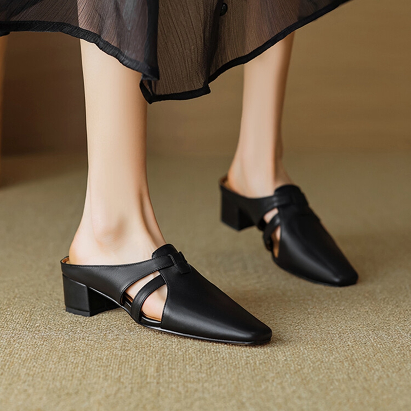 NEW Summer Women Mules Split Leather Shoes for Women Cover Toe Chunky Heel Slippers Concise Square Toe Handmade Modern Sandals