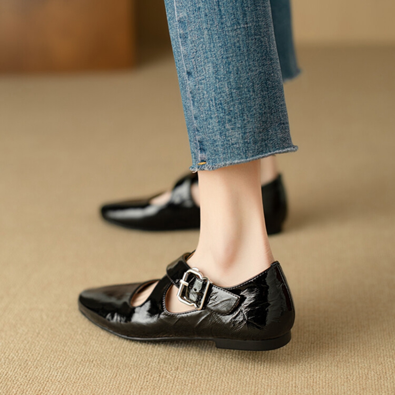 Spring/Summer NEW Square Toe Low Heel Pumps Retro Mary Janes Patent Leather New for Women Ladies Shoes Flats bdd3