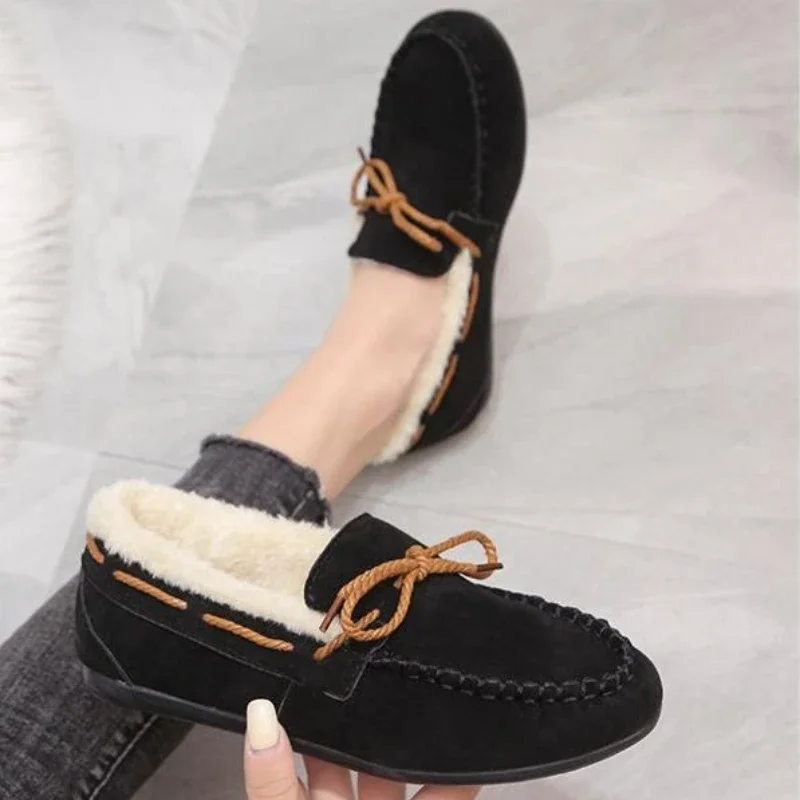 Winter Women Casual Flat Women's Moccasins Soft Loafers Fashion Comfort Warm Plush Bow Slip on Female Cotton Shoes b68b