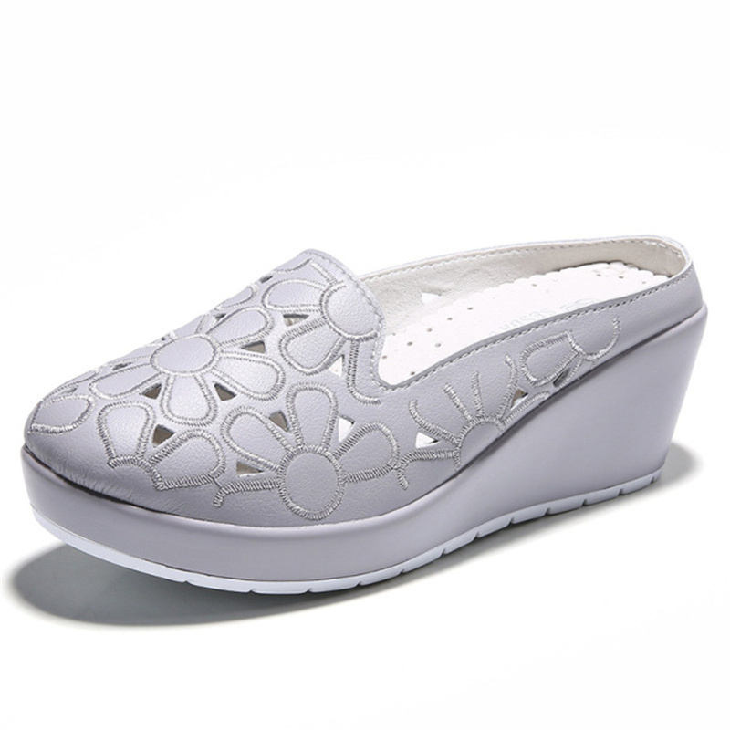 YAERNI Summer Woman Flip Flop Hollow Out Baotou Sandals Cowhide Embroidered Single Shoes Slope Heel Thick Bottom Light Women's