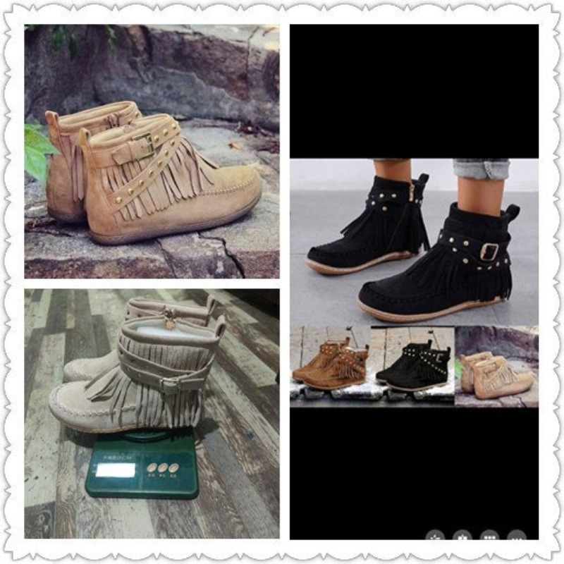 Tassel Retro Women's Boots Side Zipper Rivets Short Botas 2023 Winter New Flat Shoes Comfort Round Toe Non-slip Suede Ankle Boot d4ad