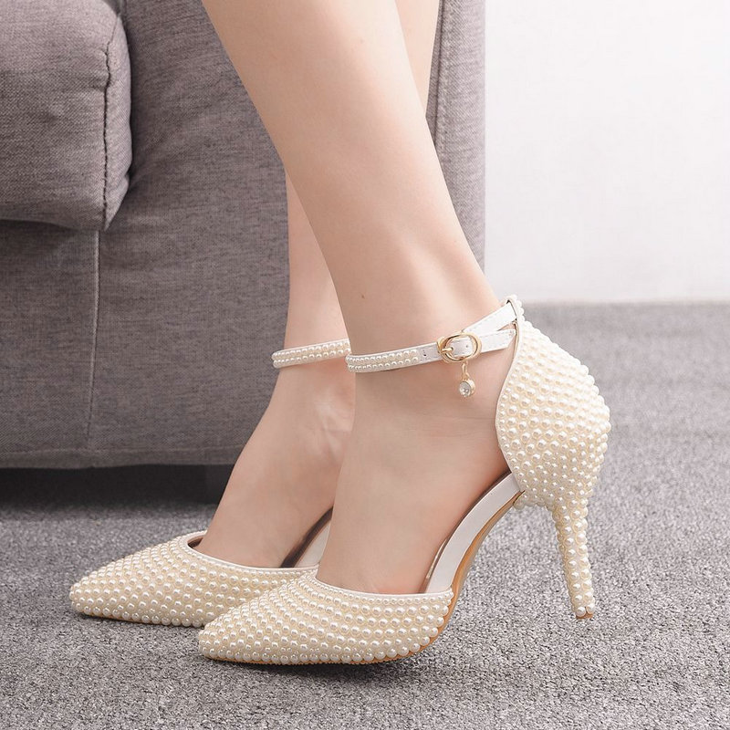 2025 new Pearl White Pointed High Fine Heel Sandals Female Bride Wedding Shoes Party Banquet 52ff