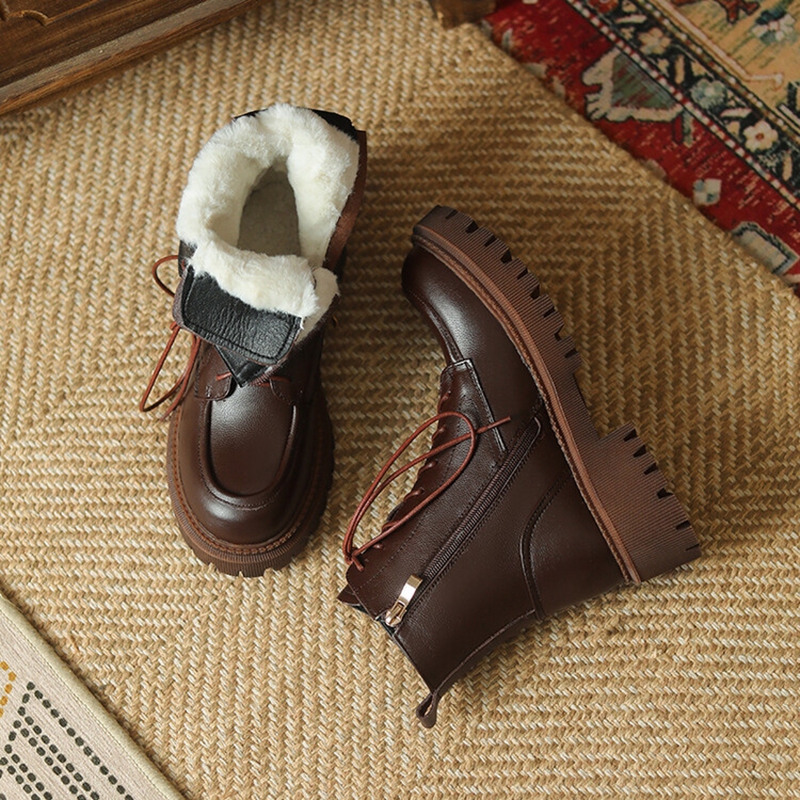 Ankle Winter Round Toe Chunky Genuine leather for Women Wool Warm Black Snow Boots Platform Shoes eefd Platm