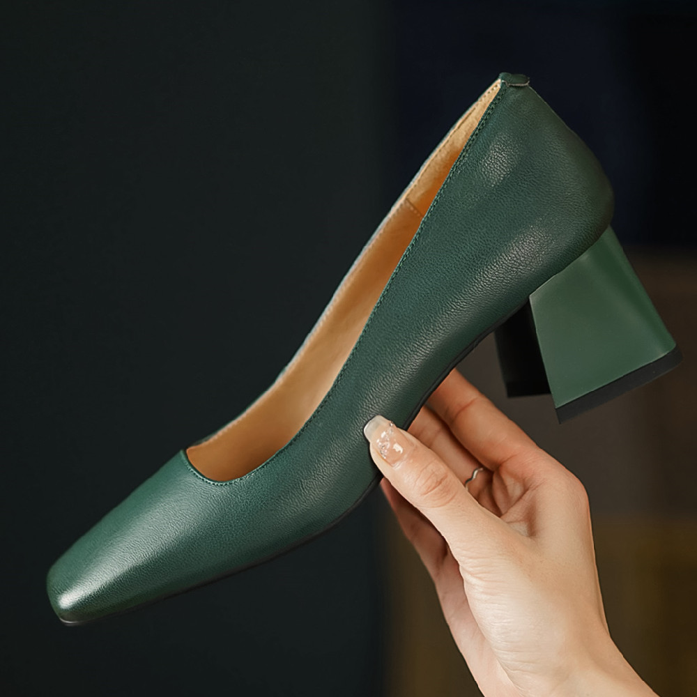 Autumn 2023 new women's sheepskin thick high heel square toe slip-on pumps New elegant ladies OL style daily dress heeled shoes sale 38ed ed
