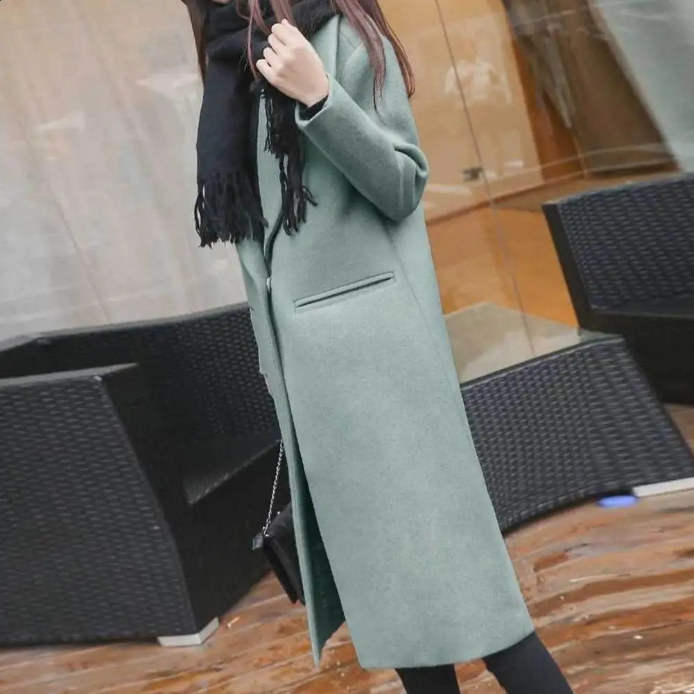 Women Winter Wool Coat Solid Color Cardigan Pockets Outerwear Thermal Single Button Elegant Overcoat Female Clothes For Dating 240905
