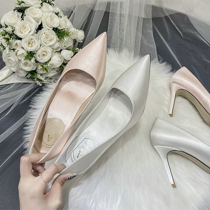 2024 Wedding Shoes White High Heels Women's Stiletto Satin Dress Single Shoes Champagne Bridesmaid Pumps