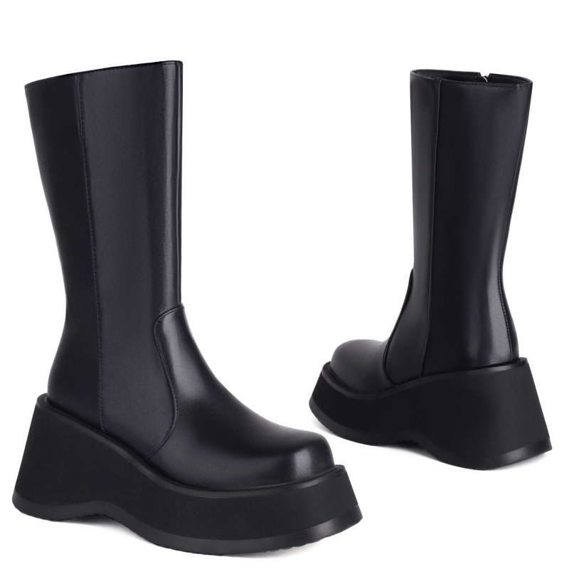 Women's Sexy Mid-calf High Platform Punk Goth Wedge Heels Black Combat Boots Autumn Winter Party Dance Shoes Ladies Brand 1dcd