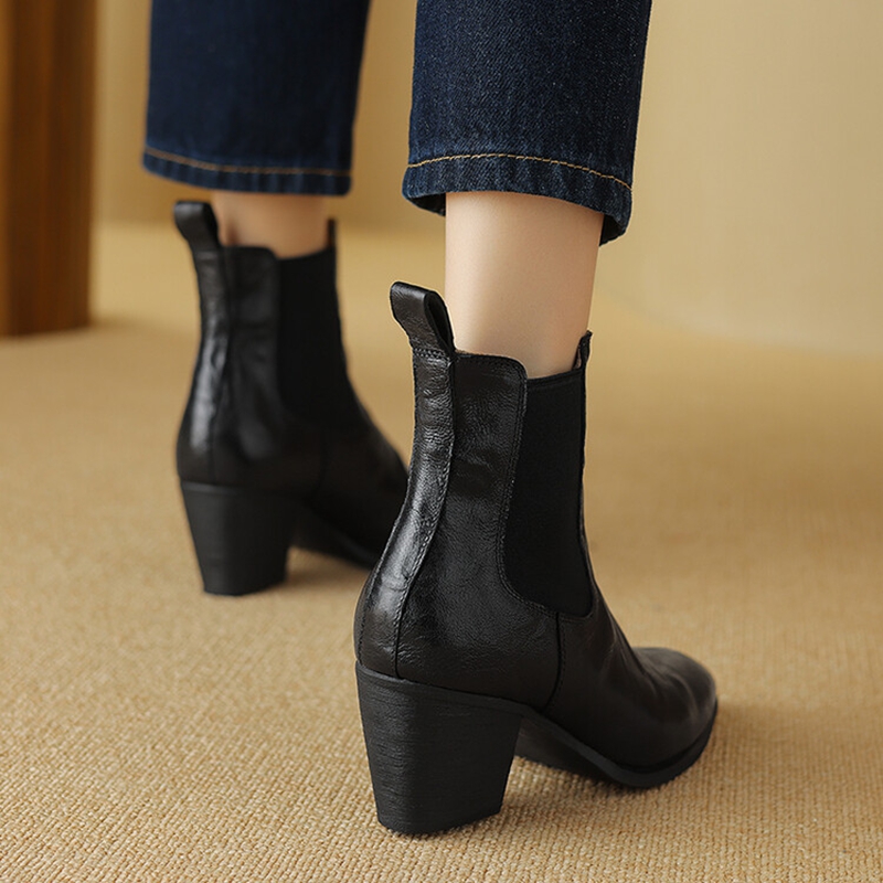 NEW Autumn Women Boots Genuine Leather Shoes for Women Pointed Toe Chunky Heel Shoes Slip-on Modern Boots Handmade Short Boots