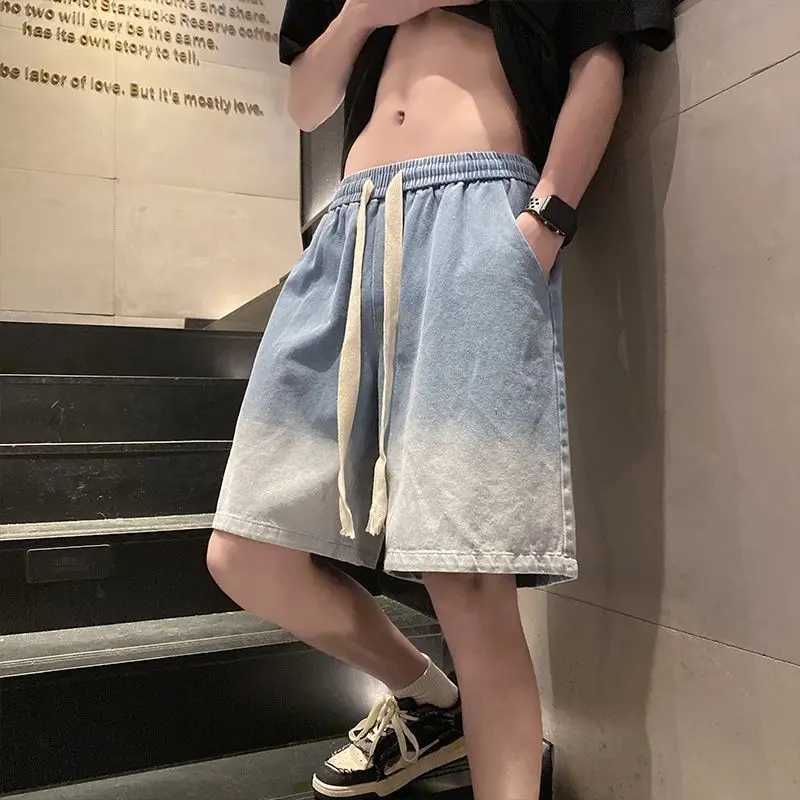 Denim shorts mens summer handsome gradient straight-leg five-quarter pants mens American loose brand retro mid-length pantsX240914