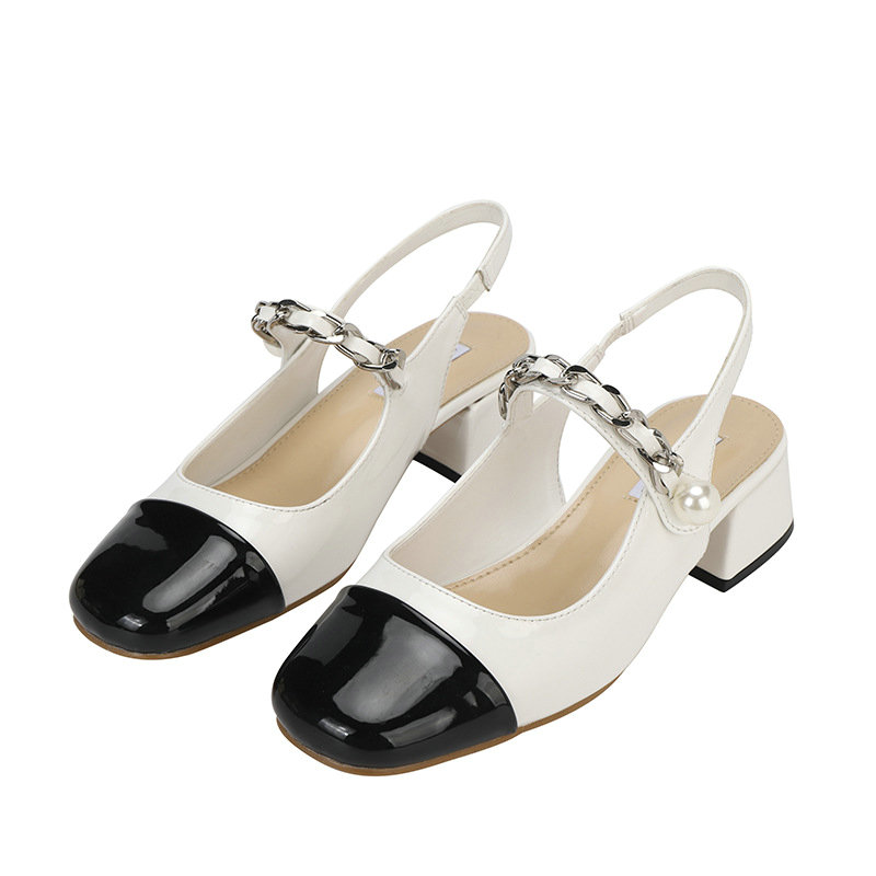 Spring New 2024 New Mary Jane Sandals Square Head Pearl Chain Thick Heel Single Shoe With Empty Back 01a9