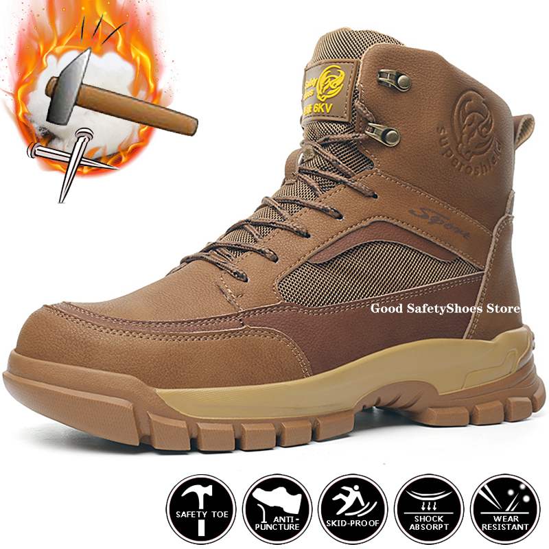 Winter Men Wool Plush Warm Snow Boot Work Puncture-Proof Protective Shoes Steel Toe Safety Boots b8ac s