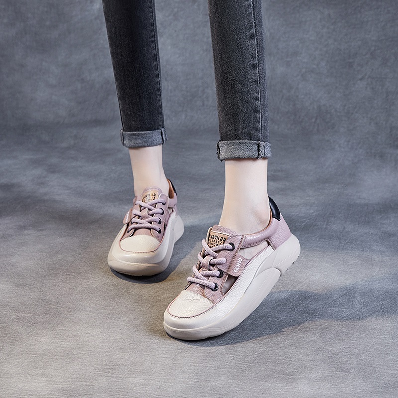 DRKANOL 2024 Women Casual Shoes Summer Hollow Out Breathable Lace-Up sneakers Genuine Leather Lightweight Flat Platform Shoes