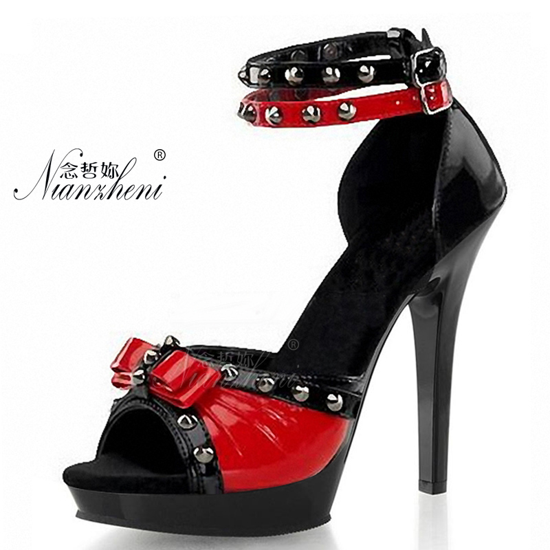 Sexy 6Inches Black Red Peep Toe Gothic Bowknot Platform Sandals 20cm Fetish Shoes Exotic Dancer Gladiator Retro Strip Pole Dance