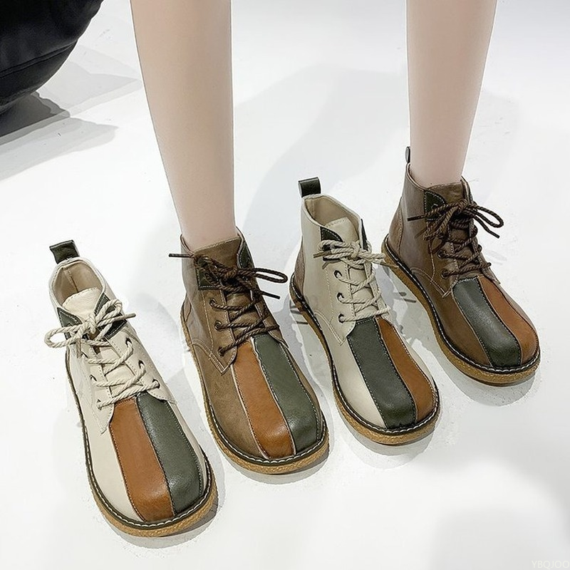 Women Ankle New 2022 Retro Leather Splicing Women's Shoes Vintage Autumn Lace Up Casual Flat Short Boots Botas De Mujer