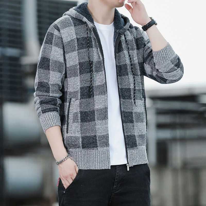 Autumn New Mens Plaid Knitted Sweater Hooded Cardigan Warm Coat Trendy Zipper Jacket Fleece Blouse Winter Mens CardiganXJ240907