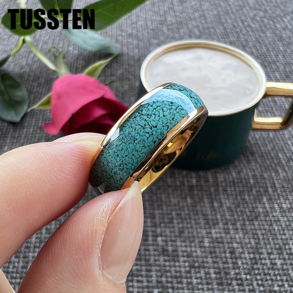 Drop TUSTEN 4/6/8MM Multico tungsten engagement and wedding ring for men with crushed turquoise inlay for a comfortable fit 240905