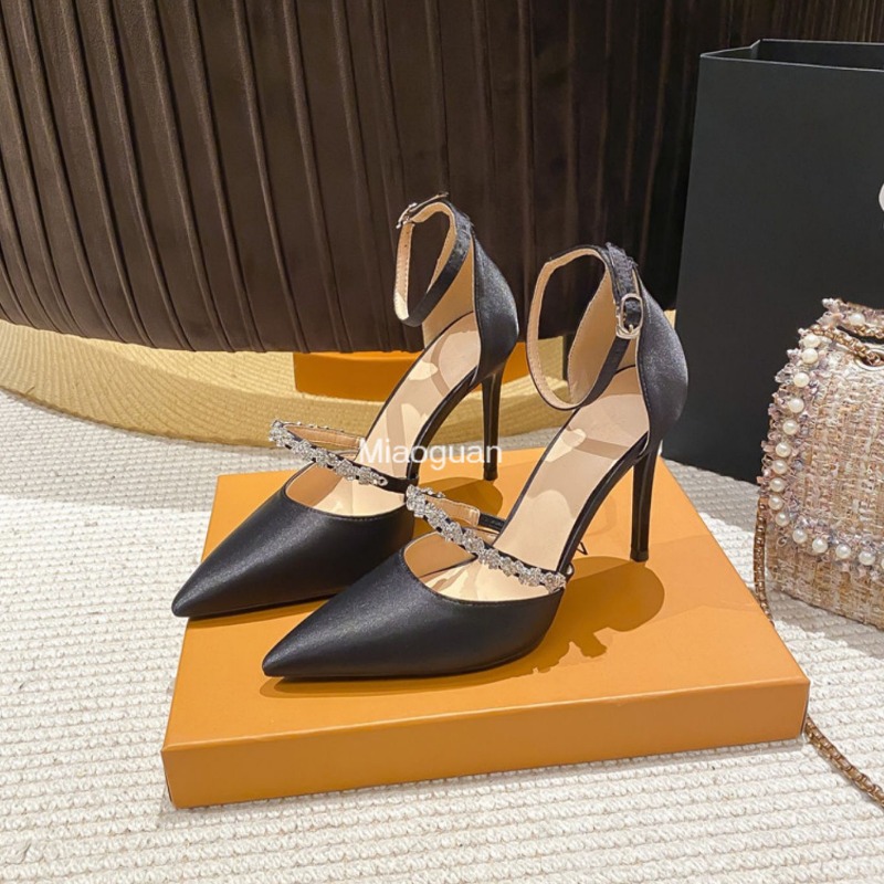 Diamond Pointed High Heel Shoes 2023 New White Wedding Shoes Bridal Celebrity Thin Heel Shallow Buckle Single Shoes Black Sandal