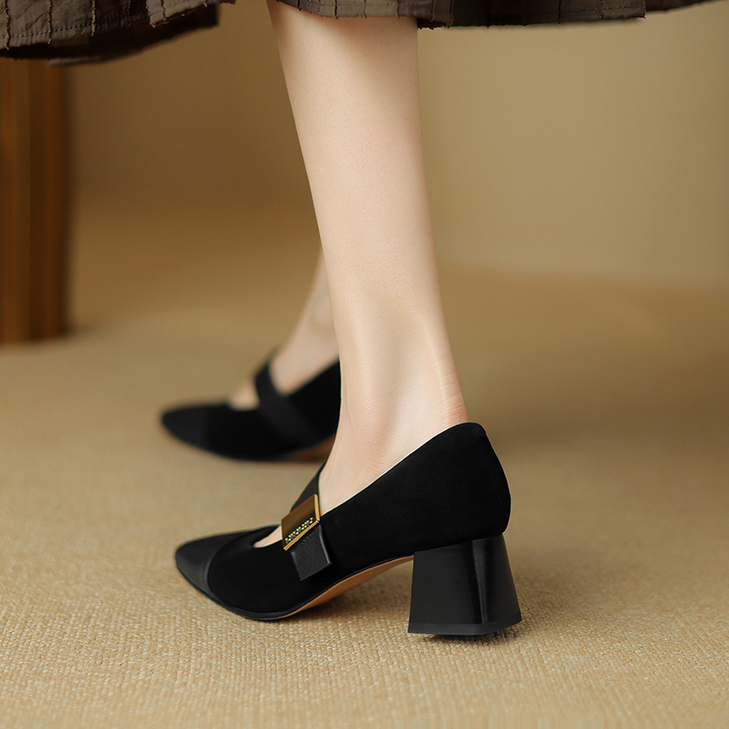 2024 Spring Mary Janes Pointed Toe Chunky Heel Pumps Kid Suede Shoes for Women Elegant Med Buckle Heels 9cee 5192