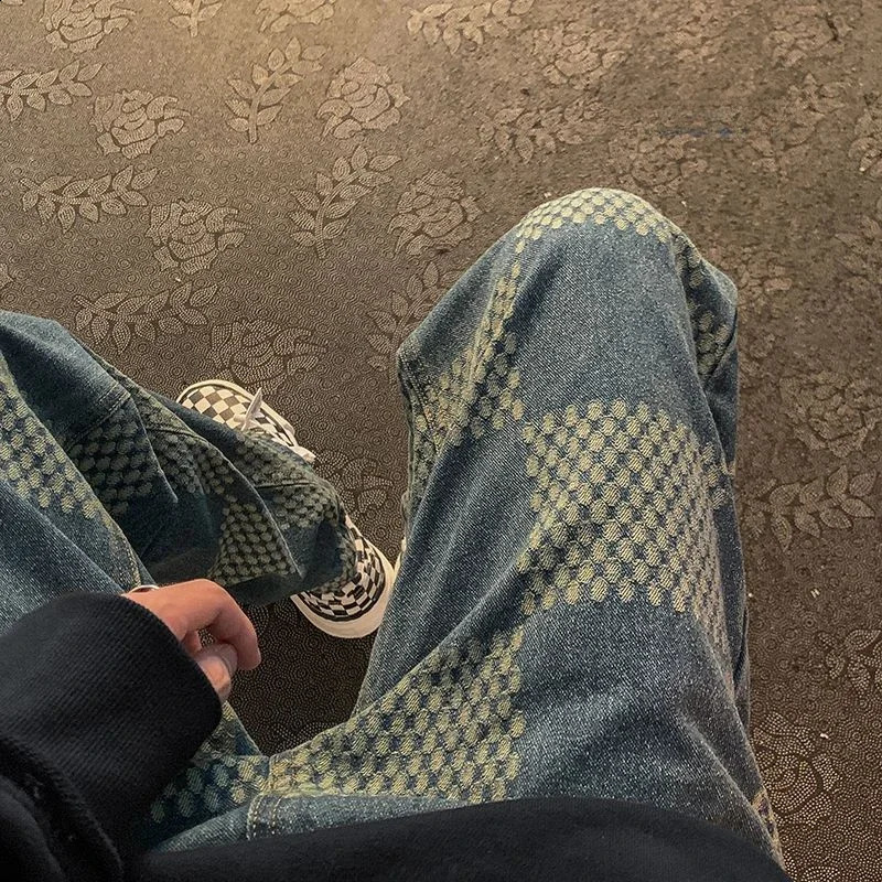 With Pockets Male Cowboy Pants Lattice Straight Jeans for Men Trousers Winter Casual Y 2k Vintage Summer Original Oversize 240911