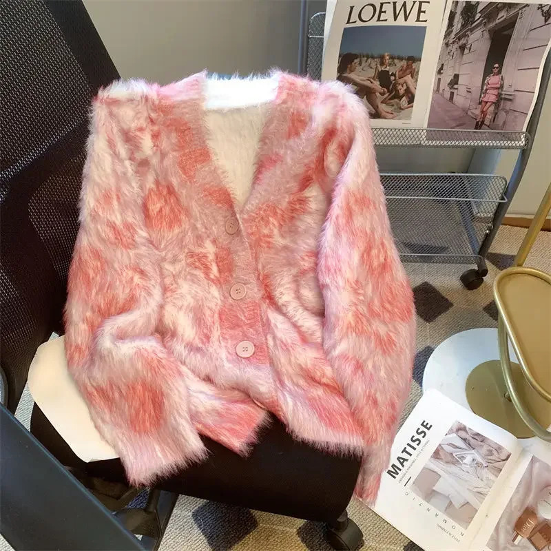 Korean Lazy Plush Knitted Cardigan Sweater Female Top Spring and Autumn Season Long Sleeve V Neck Soft Knit 240904