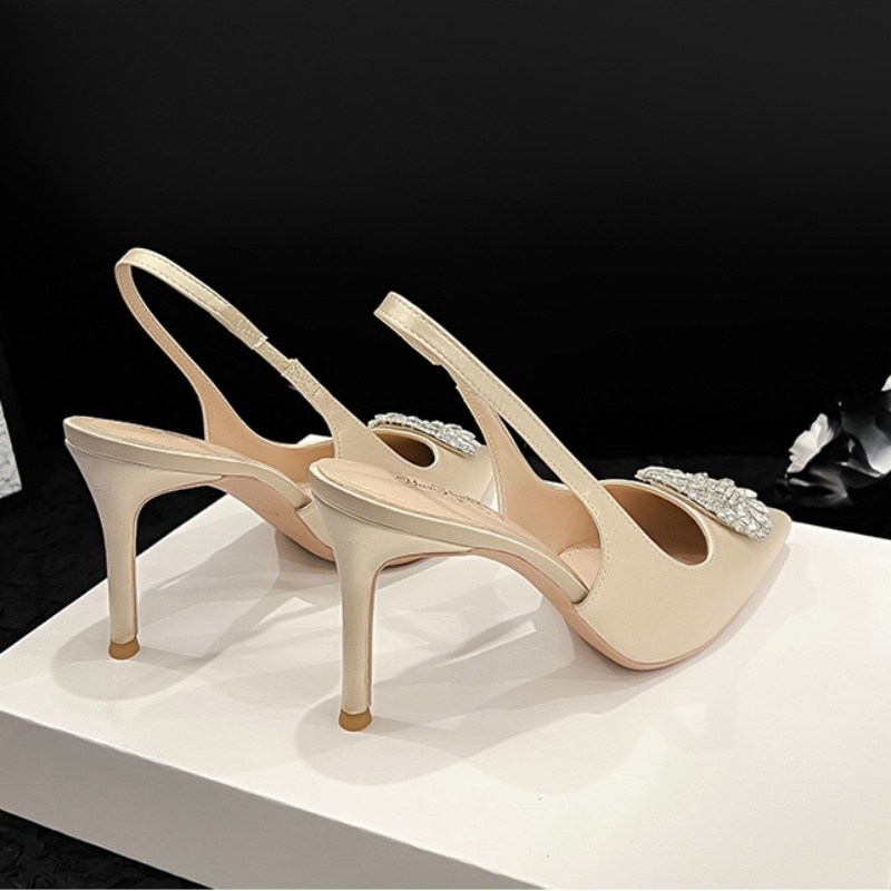 2024 New French Pointy High-heeled Stiletto Rhinester Satin Korean Fashion Round Crystal Buckle Women's Sandals