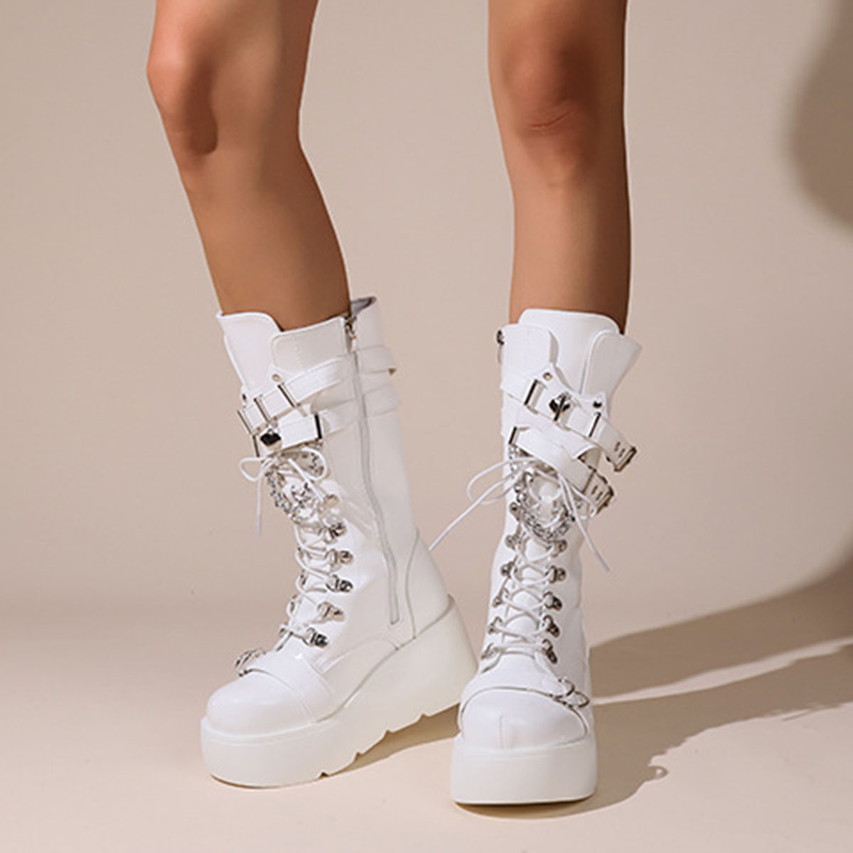 Platform Fashion Ladies Chain Punk Goth Wedges 8cm High Heels Women's Boots Party Street Cosplay Woman Shoes Bota Feminina f4f4