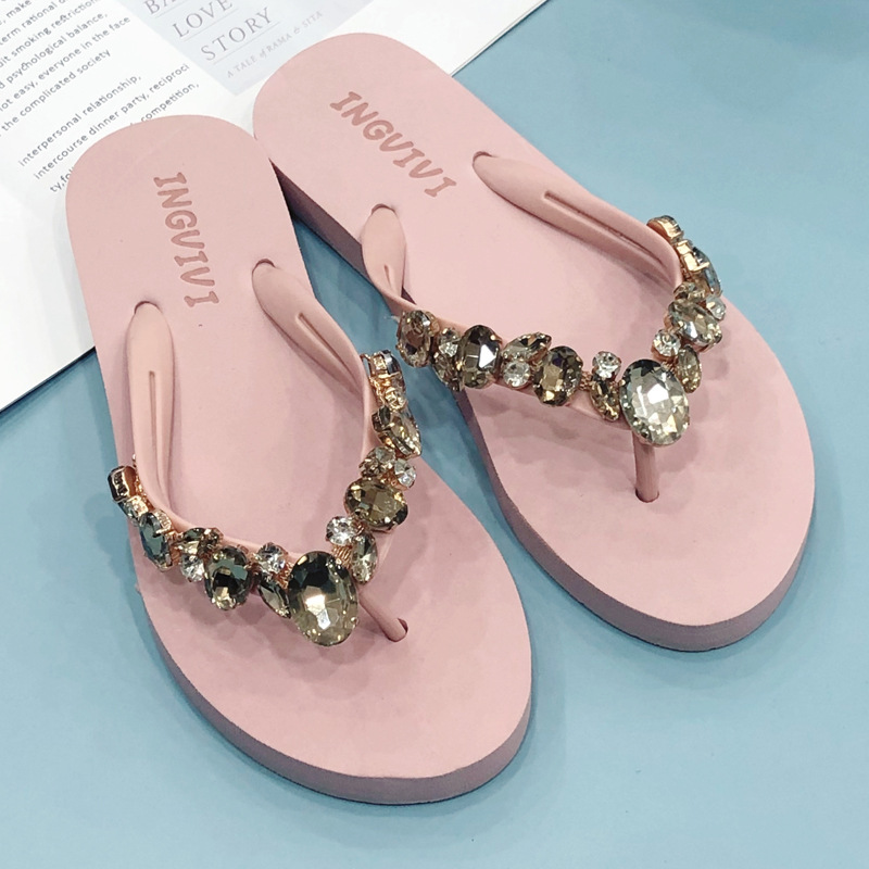 2024 Comfortable and Fashionable All-match Beach Shoes Non-slip Soft Bottom Casual Flip-flops Rhinestone Chain Flat Slippers