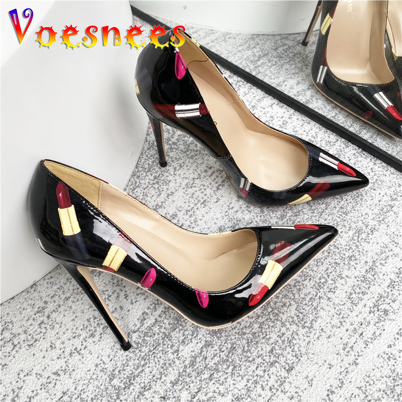 Designer Lipstick Print High Heels Nightclub Black Pointed Tip French Single Shoes 10CM Fashion Fetish Women's Pumps Big Size