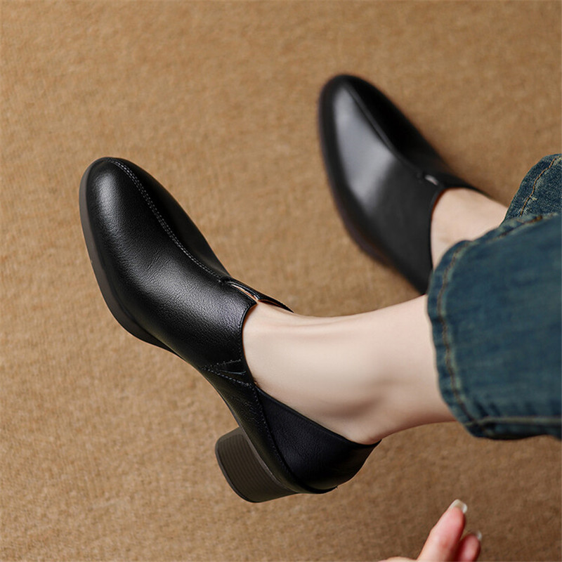 Autumn New Genuine New Leather Fashion Round Toe Casual for Chunky Heel Shoes Women Pumps atos De Mujer 62c4