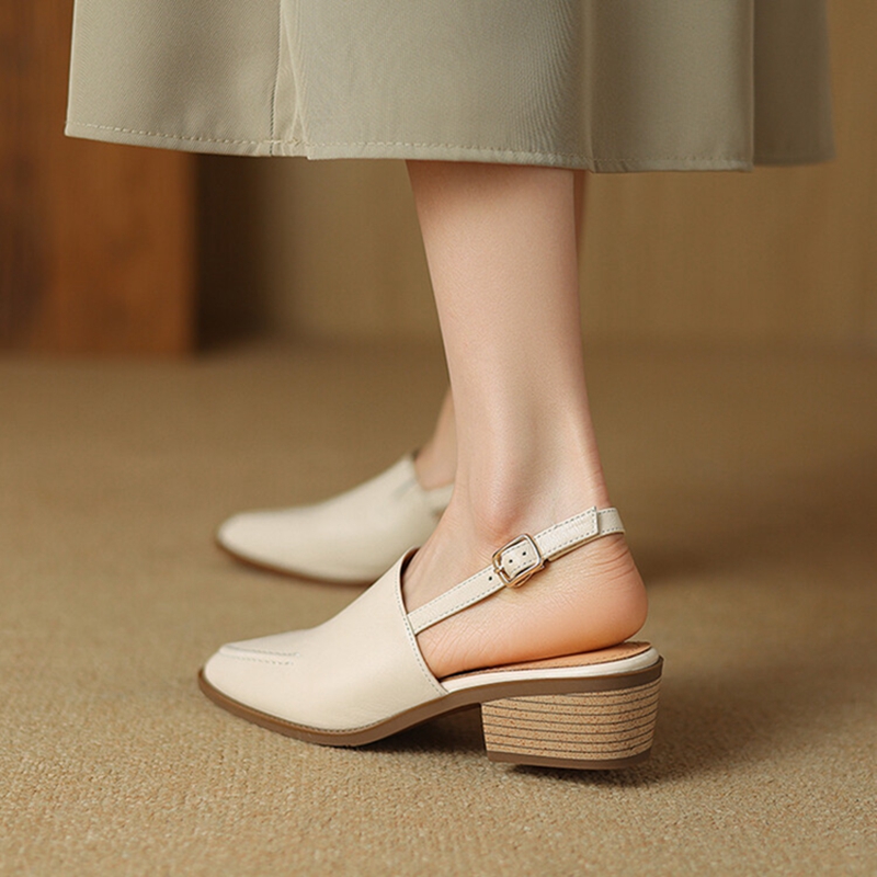 NEW Summer Women Sandals Genuine Leather Shoes for Women Pointed Toe Chunky Heel Shoes Simple Cover Toe Slingback Buckle Sandals