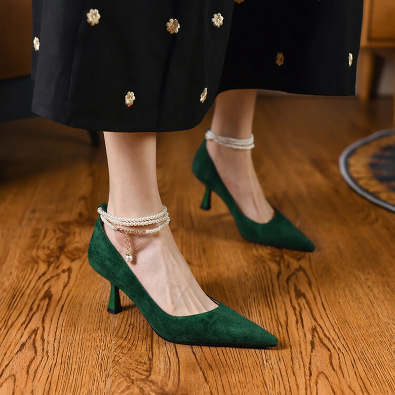 Spring NEW Pointed Toe Thin Heel Women Pumps Sheep Suede High Elegant Women's Stiletto Heels Pearl Party Shoes 8bec 's s