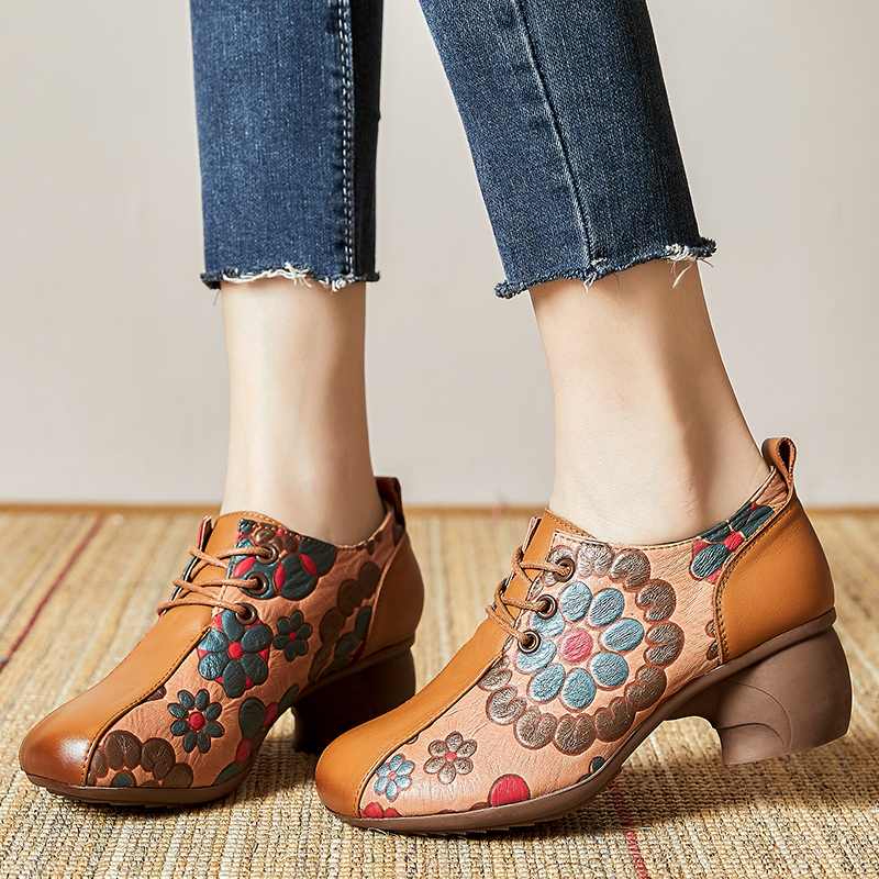 Spring/Autumn 2024 Genuine Leather Lace-Up Pumps, Chinese Style Printing Concise High Heels Ladies Shoes 4