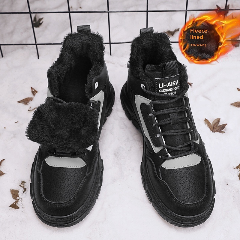 New autumn and winter high top Martin for students wearing warm snow boots with added fleece, Korean version trendy casual thick soled cotton shoes