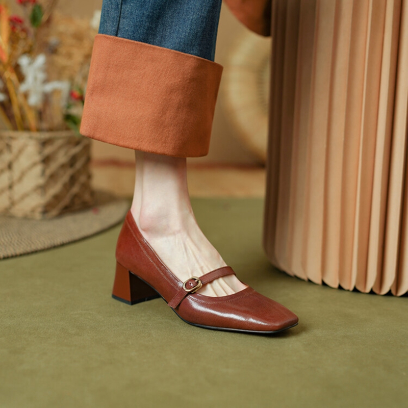 NEW Spring/Autumn Women Pumps Genuine Leather Shoes for Women Square Toe Chunky Heel Shoes Concise Mary Janes Buckle Black Shoes