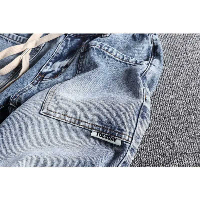 New Vintage Denim Shorts with Large Pockets Drawstring for Mens Summer Fashion Casual Knee-Length Cowboy Washed Jeans ShortsX240914