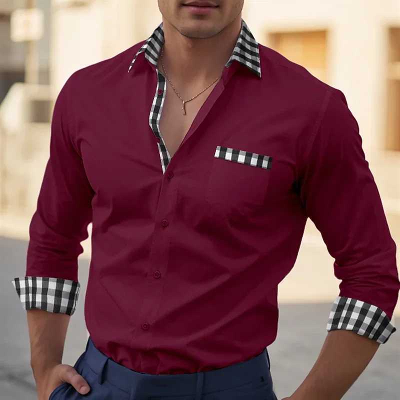 Mens Shirts Formal Button Up Shirt White Long Sleeve Color Block Stand Collar Spring Office Career Wedding Party Outfit Pocket Z240914