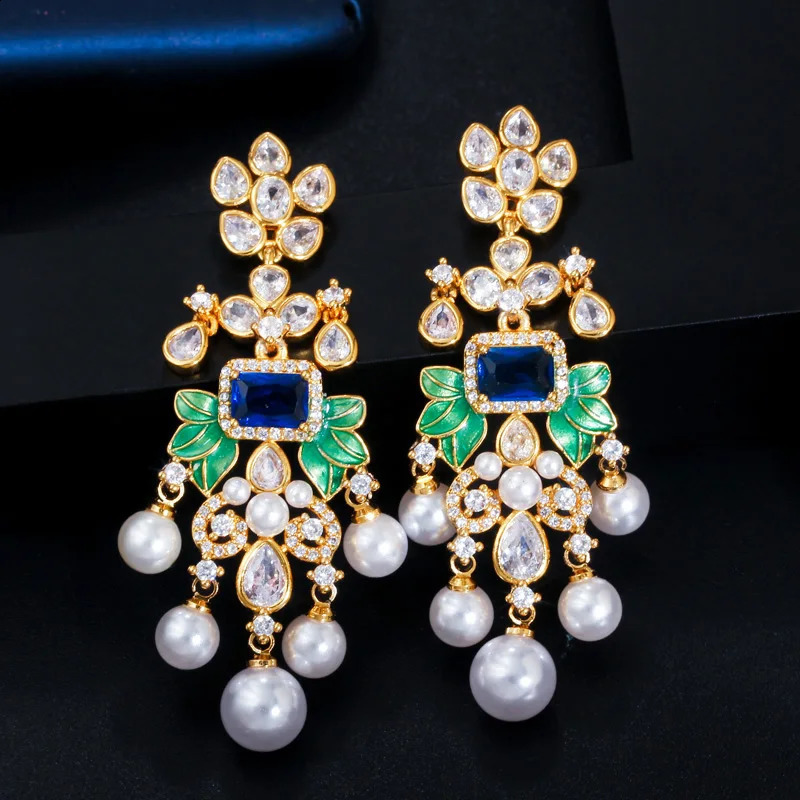 CWWZircons Flowers Cubic Zircon CZ Long Dangle Pearl Earrings for Women African Bridal Earring aretes de mujer modernos CZ656 240914