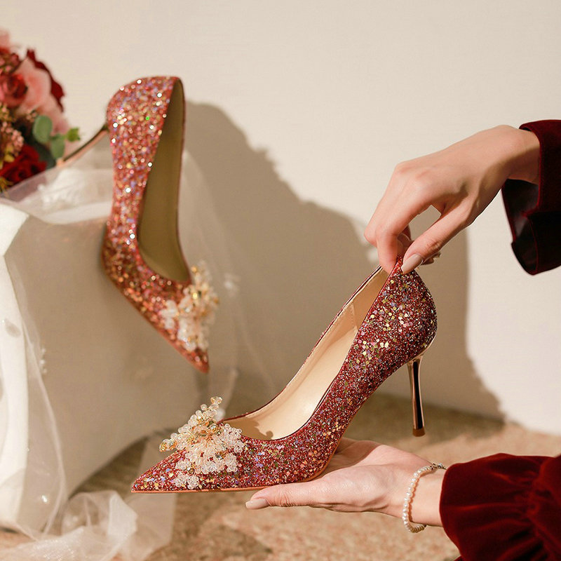 2024 New Elegant High-Grade Wedding Shoes Women French Fine Heel Bride Shoes Red High Heels