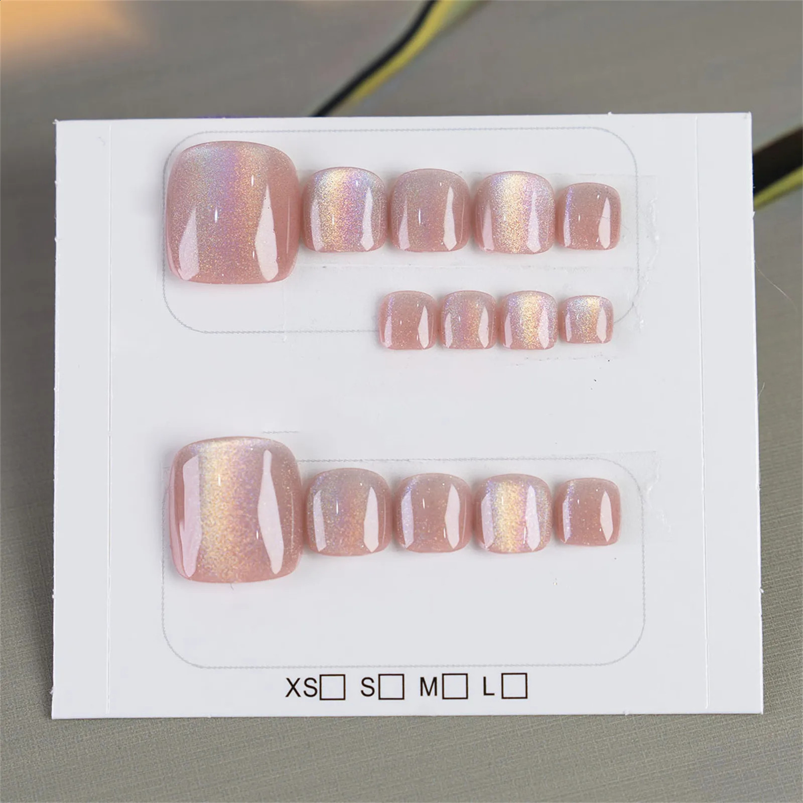 14pcs Handmade Rainbow Cats Eye False Toe Nails Press On Square Crystal Fake Toenails Wearable Summer Short Artificial Nails 240914