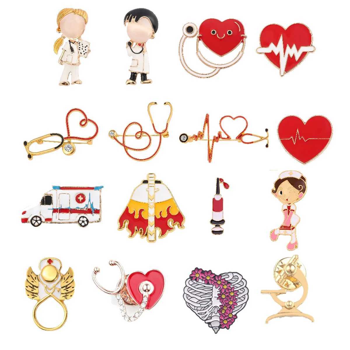 New Medical Medicine Brooch Pin Stethoscope Electrocardiogram Microscope Heart Shaped Pin Nurse Doctor Backpack Lapel JewelryX240914